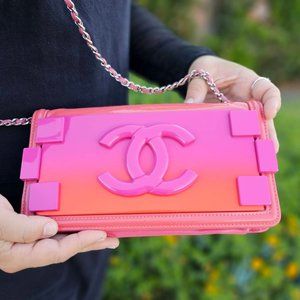 CHANEL Plexiglass Patent Mini Boy Brick Flap Orange Pink 257298